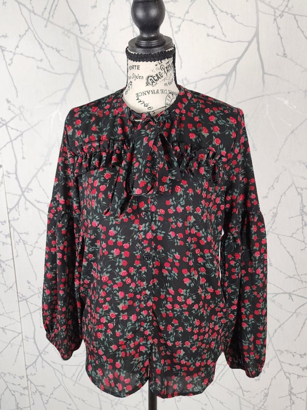 Harve Benard Dark Floral Tie Neck Lantern Sleeve Blouse